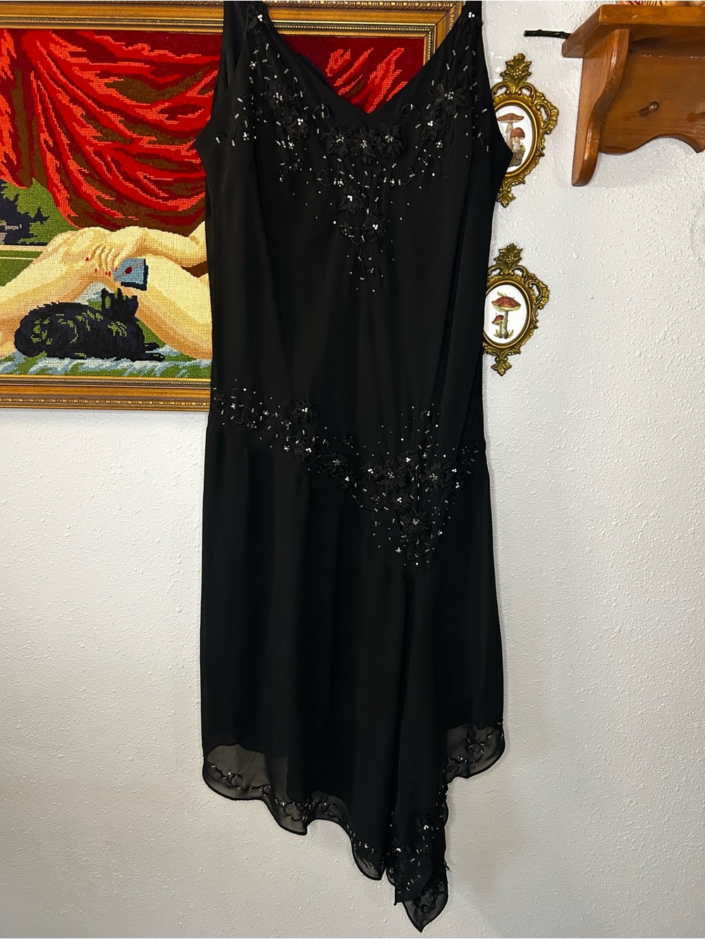 Leslie Fay Black Beaded Asymmetrical Cocktail Dress